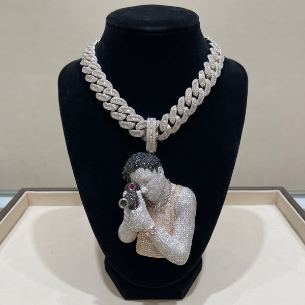 3.5 Inch AGN Miniature Pendant  Stainless Moissanite & 19mm 24 inch Cuban Chain Stainless Moissanites