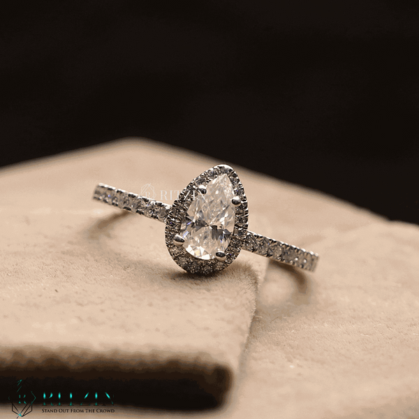 Women's Exclusive 1.00 TCW Pear Shape Moissanite Engagement Ring Halo Style Solitaire with Accent Unique Jewelry Gift for Her